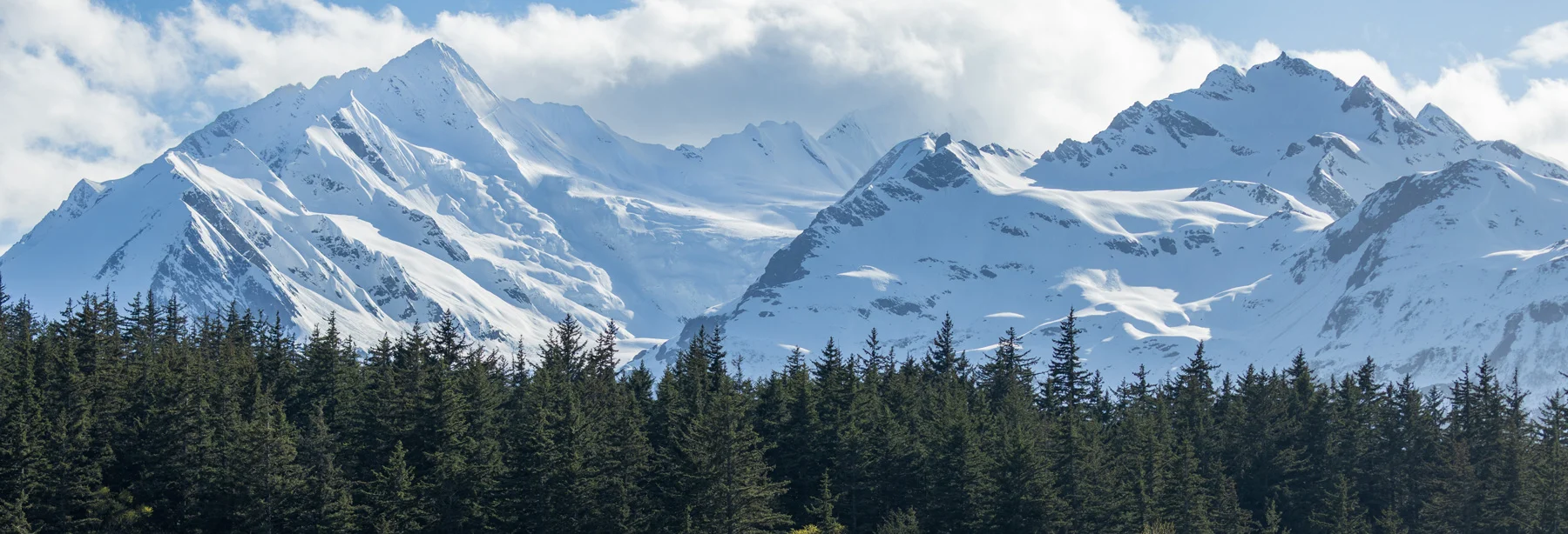 A panoramic landscape showing towering, snow-covered mountains with sharp peaks, rising behind a dense, dark green evergreen forest. The sky is partly cloudy with patches of blue.
