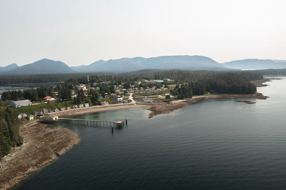 Aerial view of a coastal village with a long wooden pier, surrounded by dense green forest, a bay, and hazy mountains in the background.