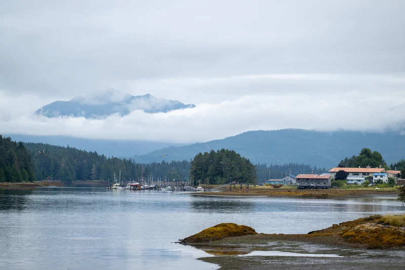 A coastal scene with a body of water, forested mountains shrouded in clouds, a small town with buildings, and boats docked at a marina.