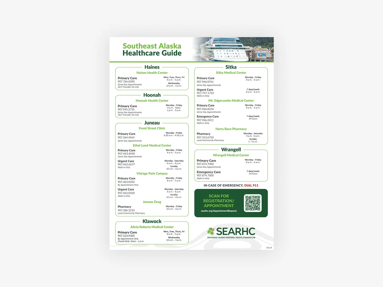 A Southeast Alaska Healthcare Guide listing medical facilities, contact numbers, and hours for various towns, with a QR code for appointments.