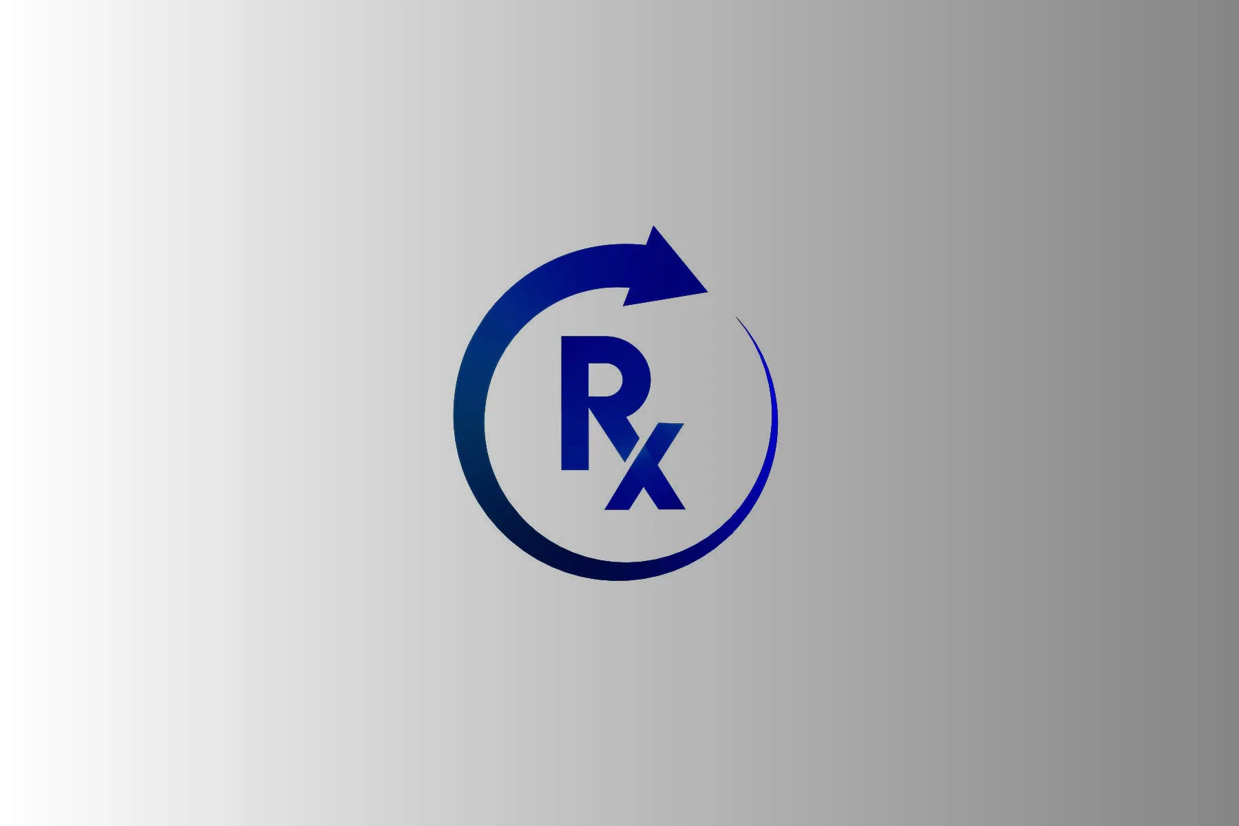 A blue gradient Rx symbol inside a circular blue gradient arrow, centered on a gray gradient background.