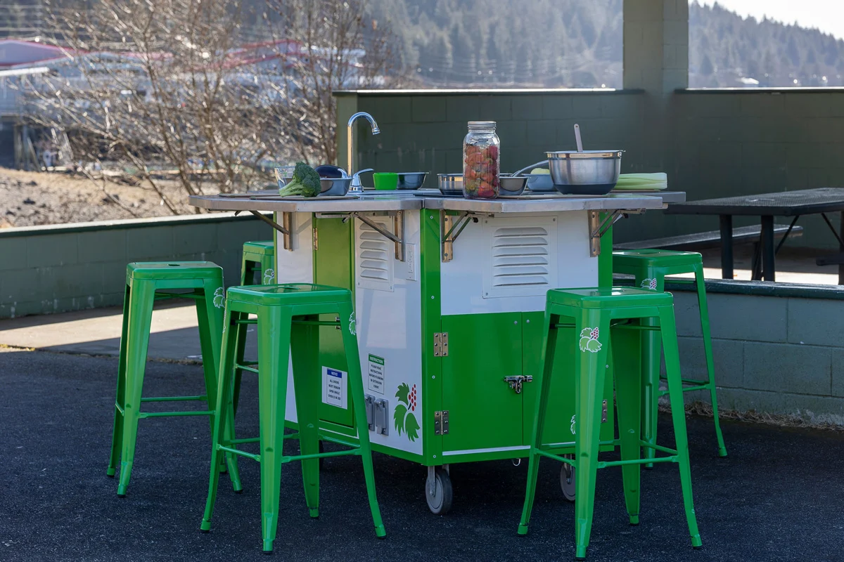 A green and white portable outdoor kitchen unit with a sink, surrounded by four green bar stools. Fresh produce like broccoli, strawberries, and celery are on the counter.