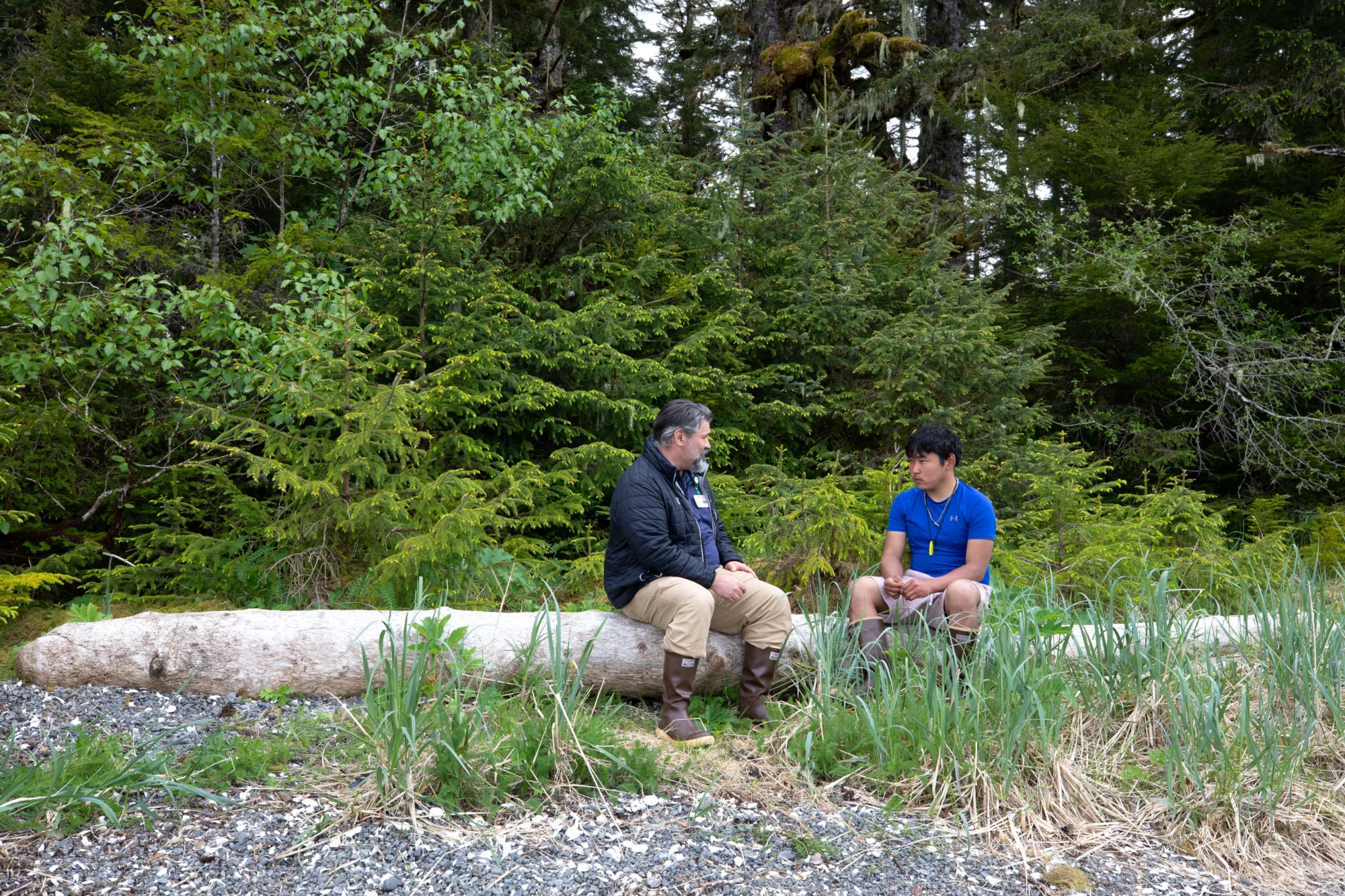 Two men sit on a large log on a pebbly, grassy shore, facing each other in front of a dense green forest.