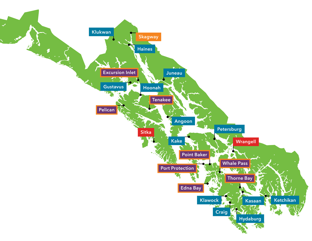 Map of a green landmass with numerous towns and inlets labeled, including Skagway, Juneau, Sitka, and Ketchikan.